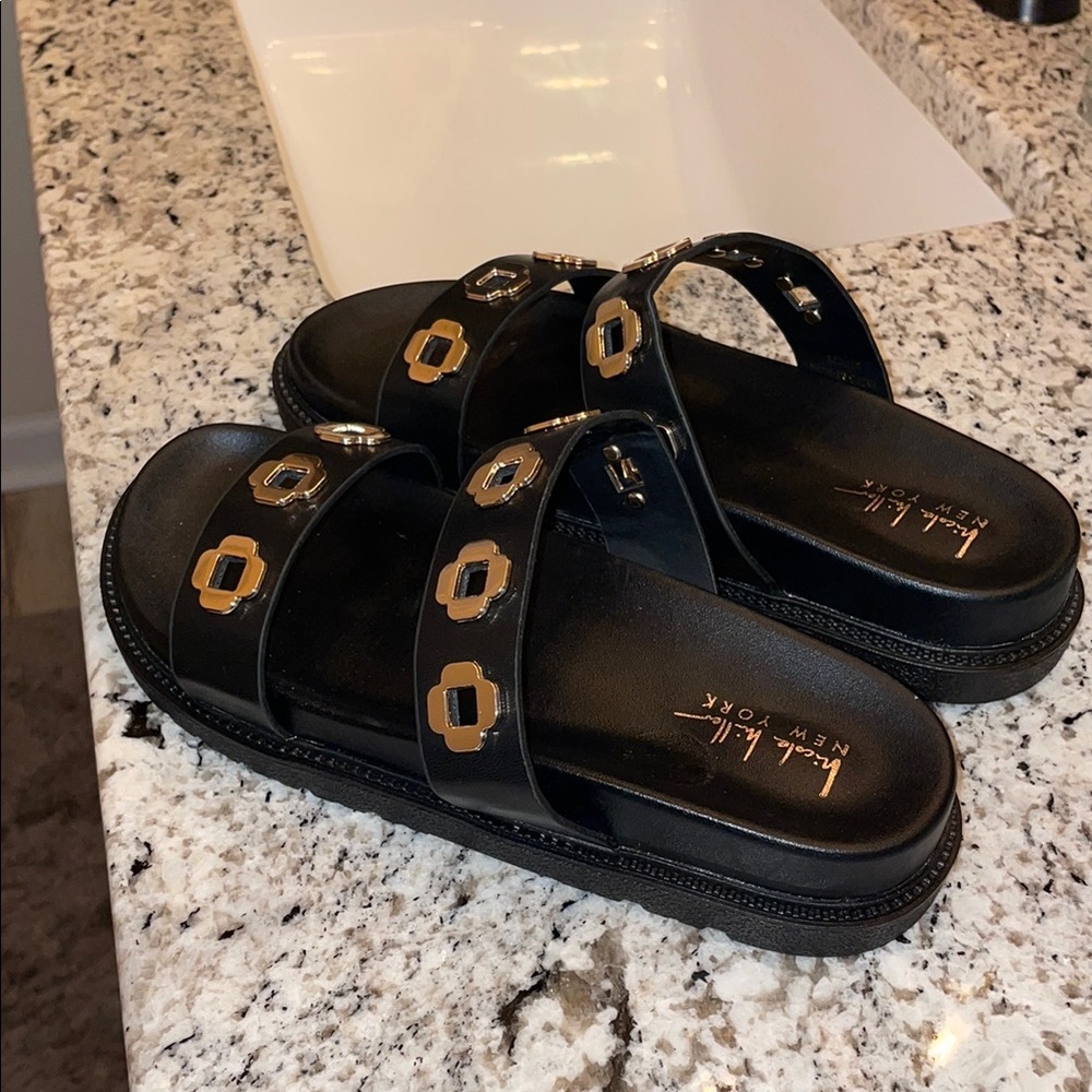 Black Leather Sandals with Gold Accents